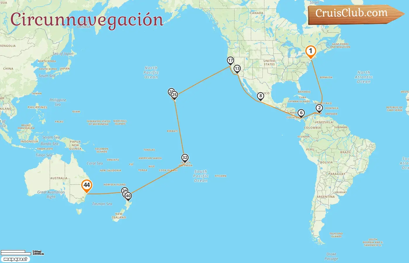 Crucero alrededor del mundo desde Nueva York a Sídney a bordo del barco Queen Mary 2 con visitas a EE. UU., Curazao, Panamá, México, Polinesia Francesa, Nueva Zelanda y Australia durante 44 días