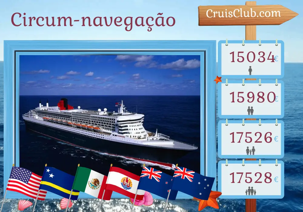 Cruzeiro Volta ao Mundo de Nova York a Sydney a bordo do navio Queen Mary 2 com visitas aos EUA, Curaçao, Panamá, México, Polinésia Francesa, Nova Zelândia e Austrália por 44 dias