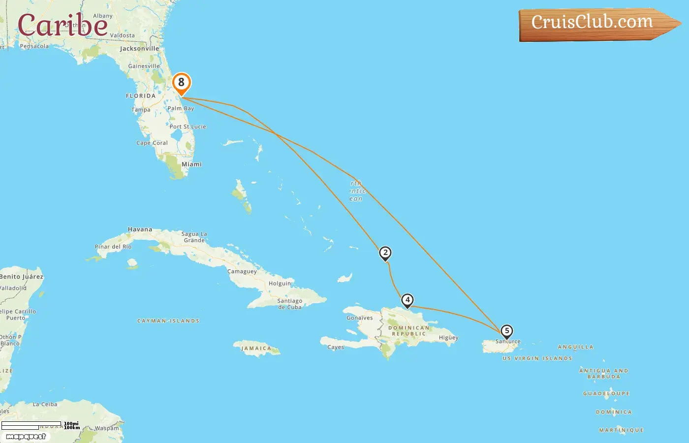 Crucero por el caribe desde Port Canaveral / Orlando a bordo del barco Caribbean Princess con visitas a EE. UU., República Dominicana y Puerto Rico durante 8 días