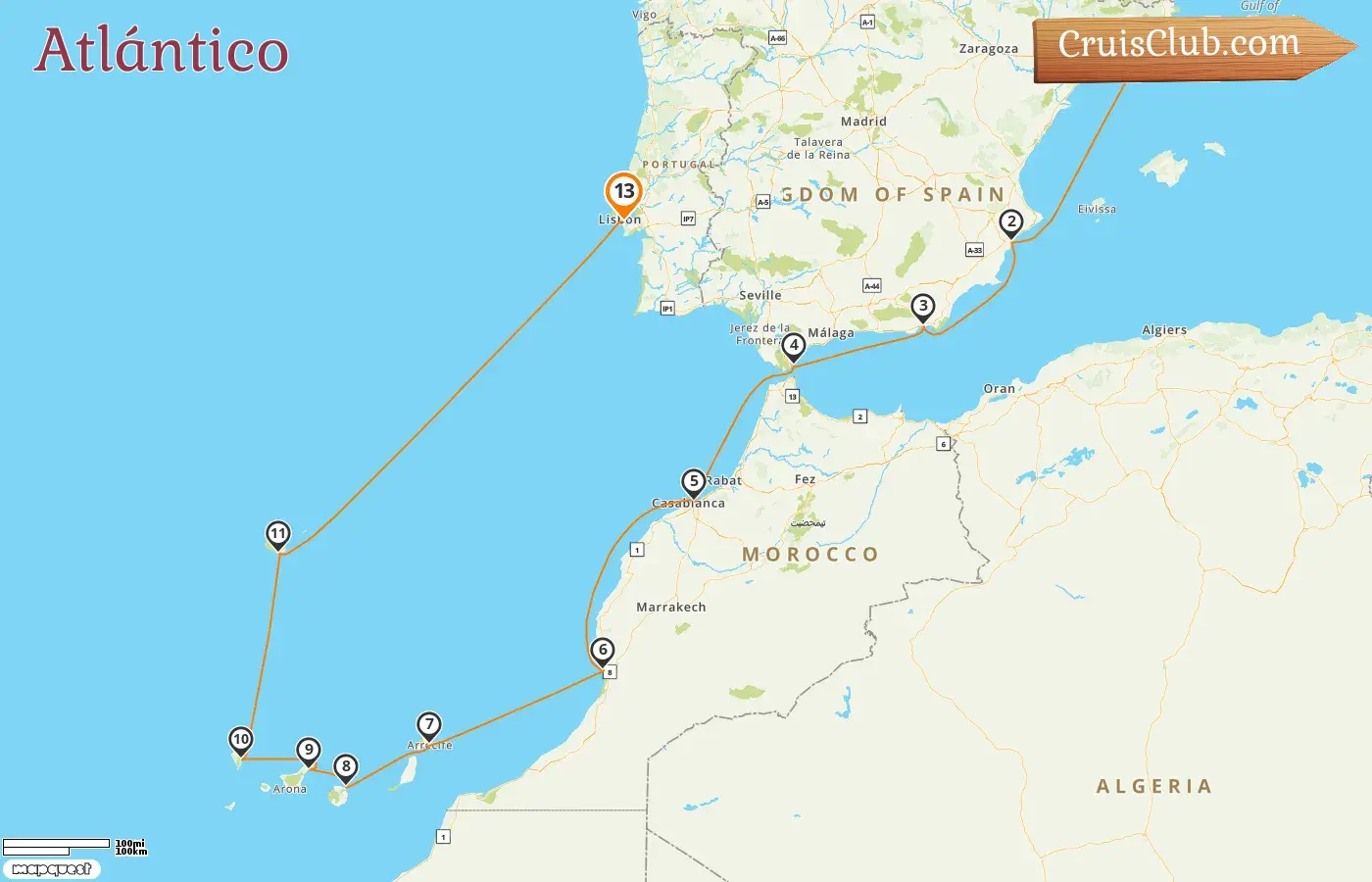 Crucero en el Atlántico de Barcelona a Lisboa a bordo del barco Oceania Sirena con visitas a España, Gibraltar y Marruecos durante 13 días