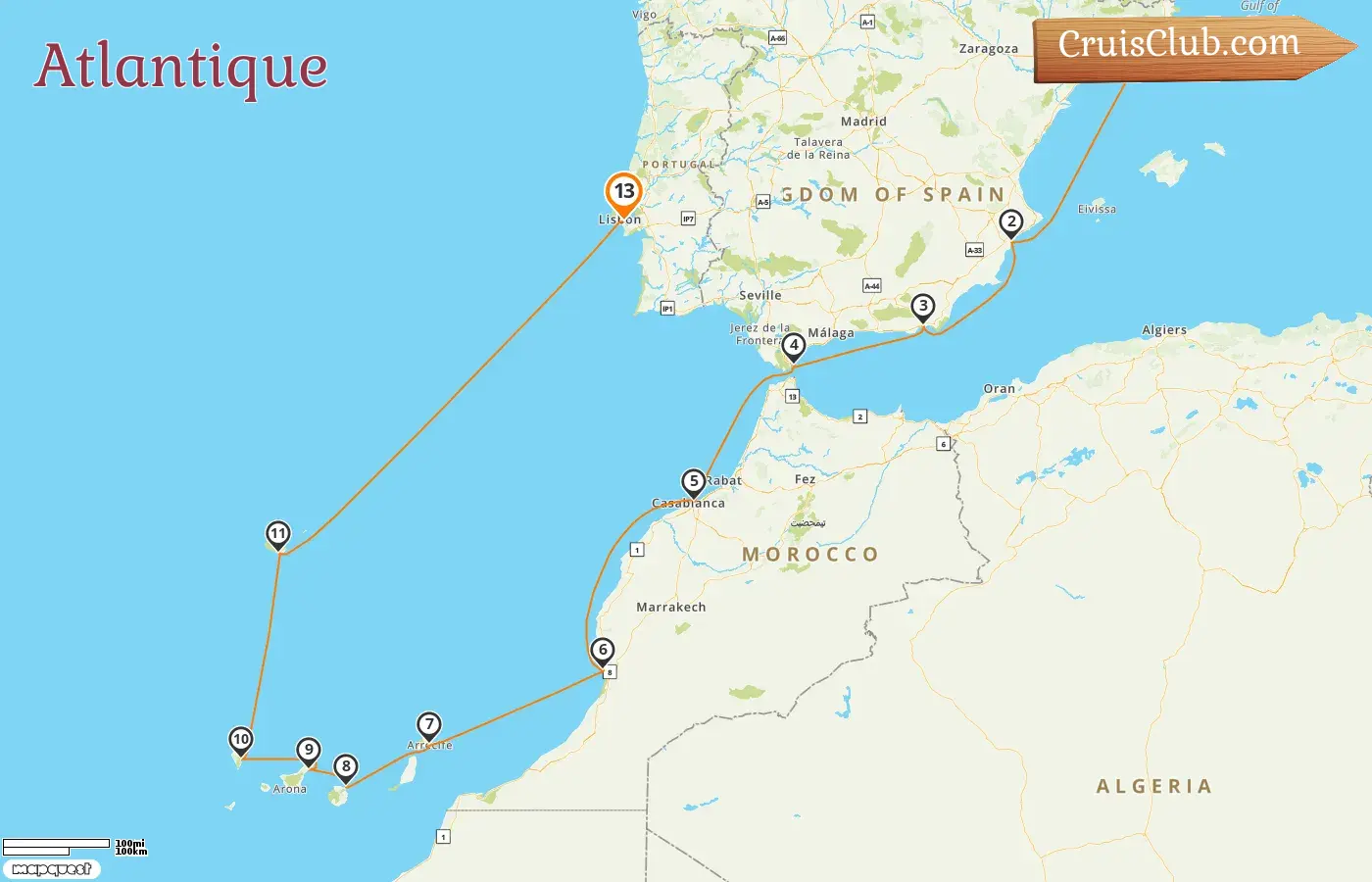 Croisière dans l`Atlantique de Barcelone à Lisbonne à bord du navire Oceania Sirena avec des visites en Espagne, à Gibraltar et au Maroc pendant 13 jours