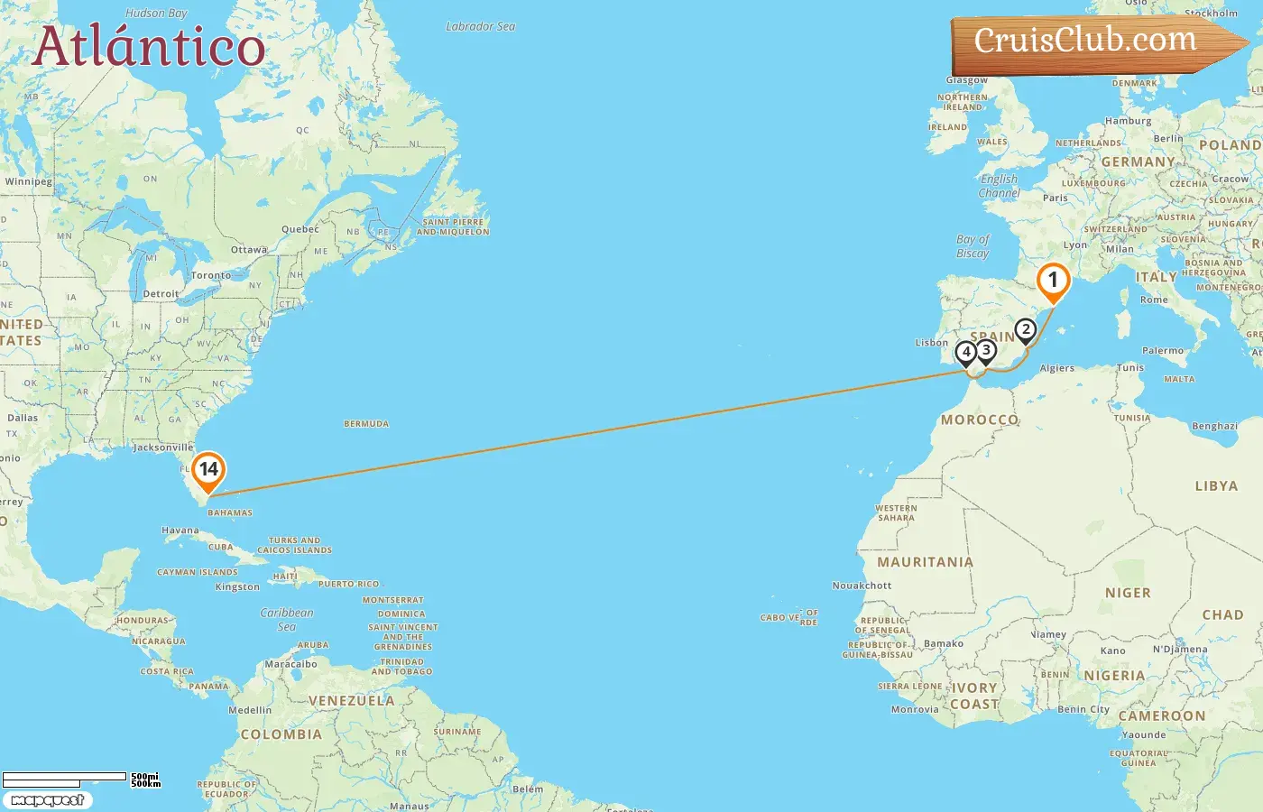 Crucero en el Transatlántico desde Barcelona a Fort Lauderdale a bordo del barco Legend of the Seas con visitas a España y Estados Unidos durante 14 días