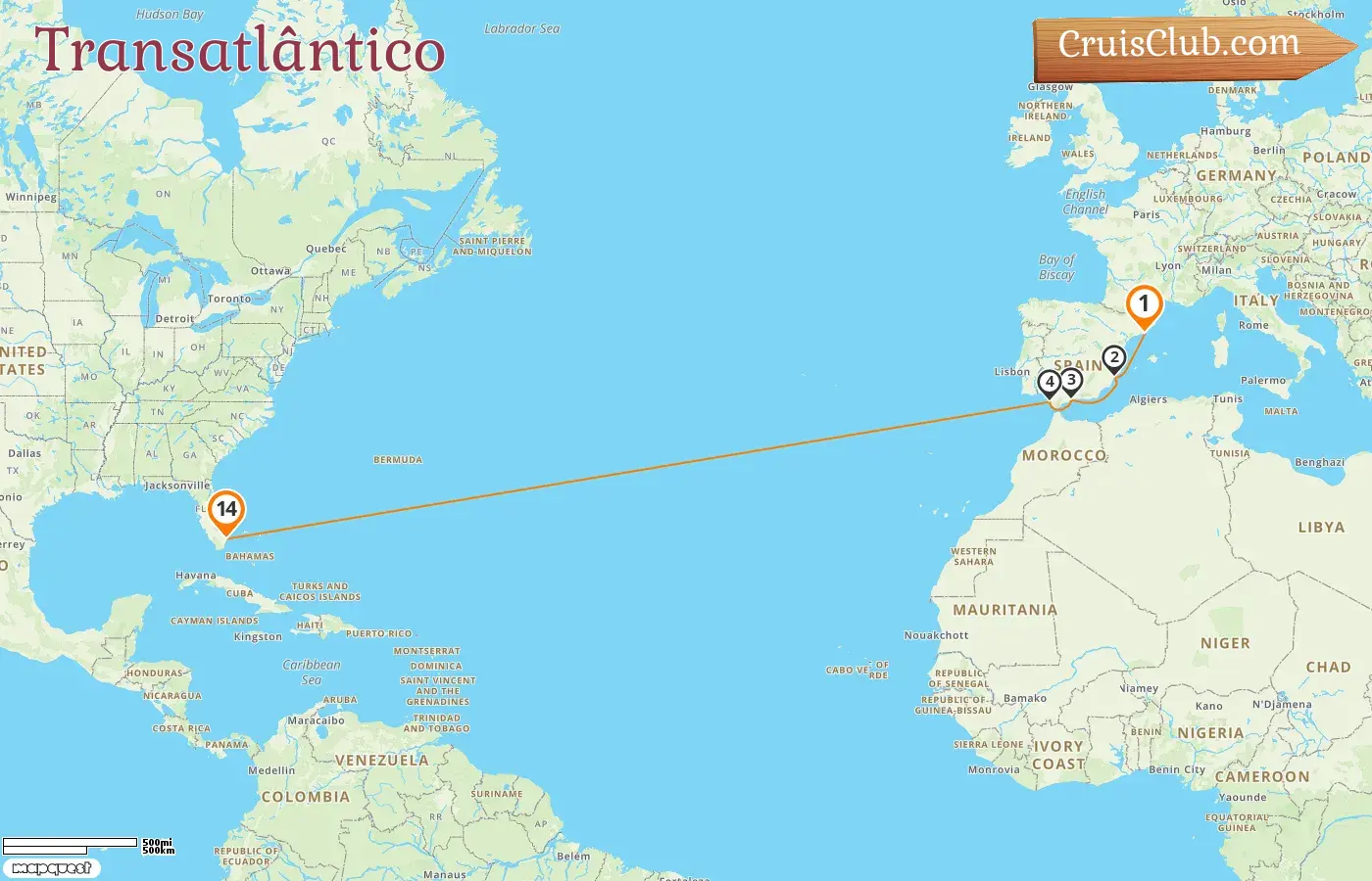 Cruzeiro no Transatlântico de Barcelona para Fort Lauderdale a bordo do navio Legend of the Seas com visitas à Espanha e EUA por 14 dias