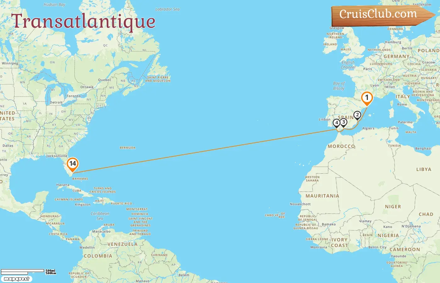 Croisière en transatlantique de Barcelone à Fort Lauderdale à bord du navire Legend of the Seas avec des visites en Espagne et aux États-Unis pendant 14 jours