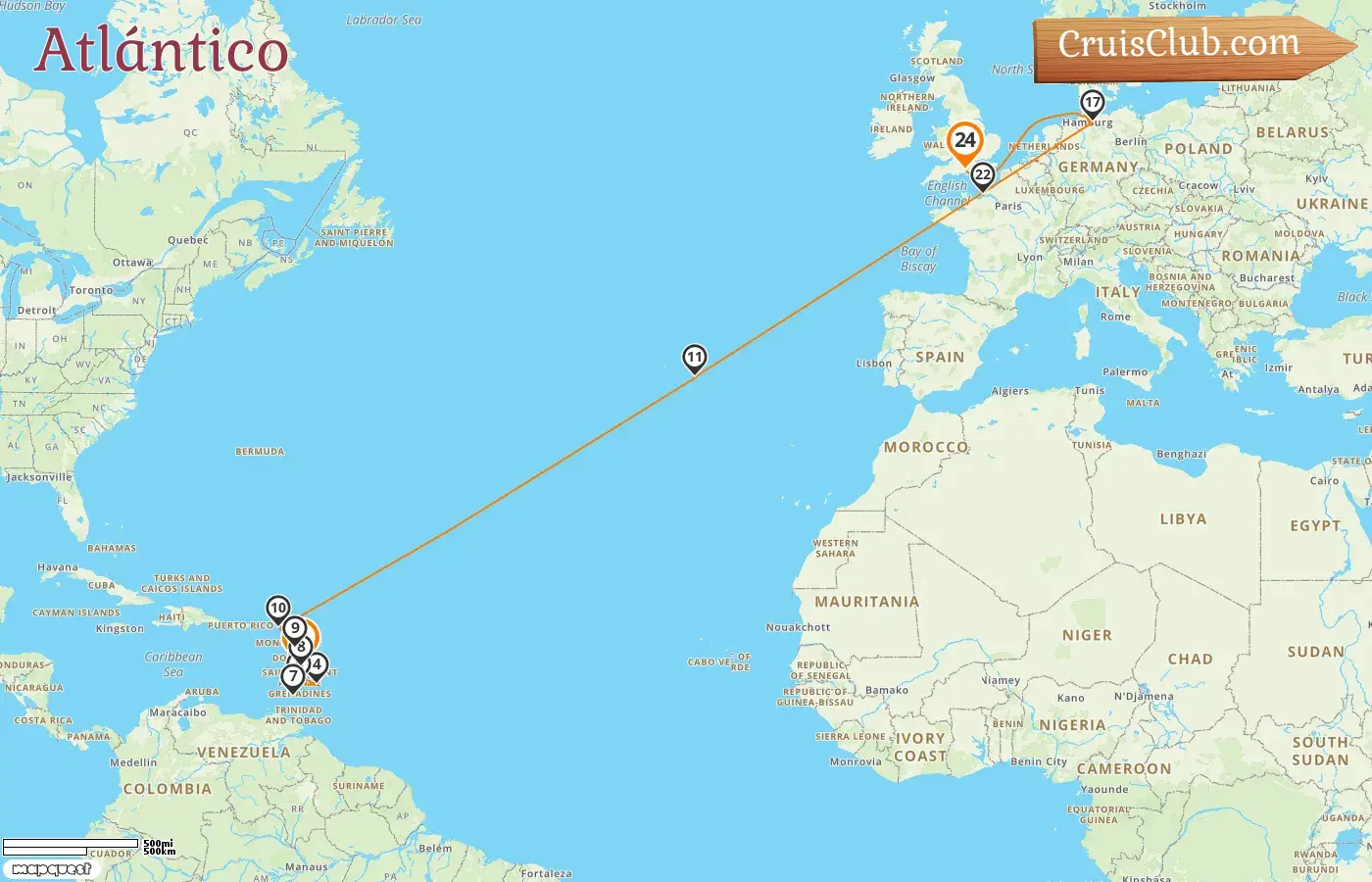 Crucero por el Atlántico desde Fort-de-France a Southampton a bordo del barco MSC Virtuosa con visitas a Guadalupe, Barbados, San Vicente y las Granadinas, Granada, Portugal, Alemania y Francia durante 24 días