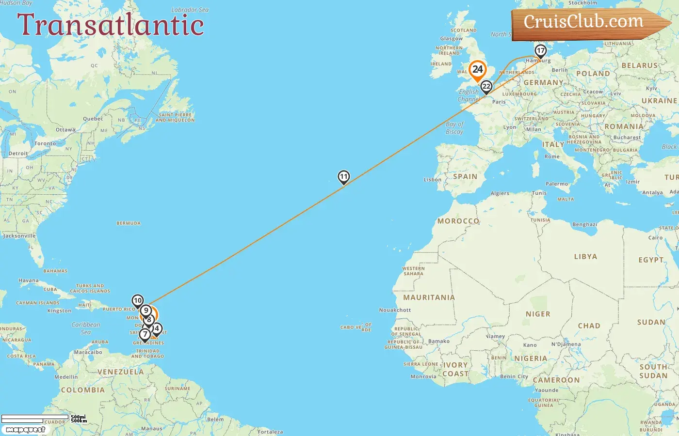 Cruise in the Transatlantic from Fort-de-France to Southampton aboard MSC Virtuosa ship with visits to Guadeloupe, Barbados, Saint Vincent and the Grenadines, Grenada, Portugal, Germany, and France for 24 days
