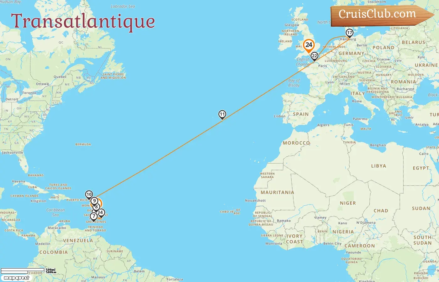 Croisière transatlantique de Fort-de-France à Southampton à bord du navire MSC Virtuosa avec escales en Guadeloupe, à la Barbade, à Saint-Vincent-et-les-Grenadines, à la Grenade, au Portugal, en Allemagne et en France pendant 24 jours