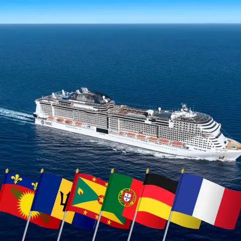 Cruise in the Transatlantic from Fort-de-France to Southampton aboard MSC Virtuosa ship with visits to Guadeloupe, Barbados, Saint Vincent and the Grenadines, Grenada, Portugal, Germany, and France for 24 days