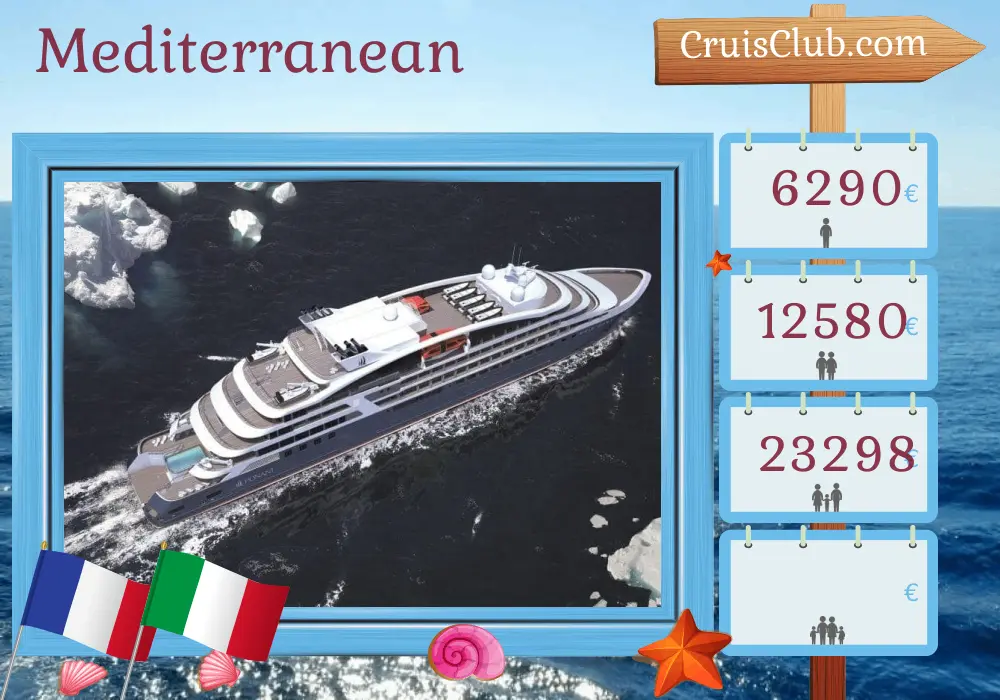 Cruise in the Mediterranean from Nice aboard Le Dumont d`Urville ship with visits to France and Italy for 9 days
