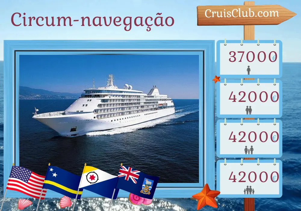 Cruzeiro no mundo de Miami a Buenos Aires a bordo do navio Silver Shadow com visitas aos EUA, Ilhas Virgens Britânicas, São Bartolomeu, Curaçao, Colômbia, Panamá, Equador, Peru, Chile, Argentina e Ilhas Malvinas por 42 dias