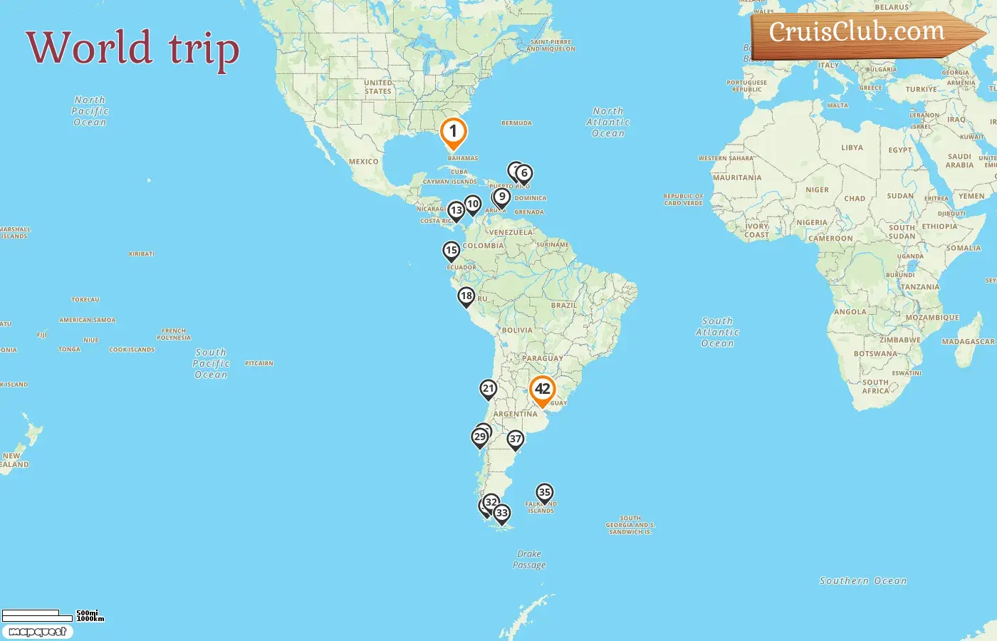 Cruise in the World trip from Miami to Buenos Aires aboard Silver Shadow ship with visits to USA, British Virgin Islands, Saint Barthélemy, Curaçao, Colombia, Panama, Ecuador, Peru, Chile, Argentina, and Falkland Islands for 42 days