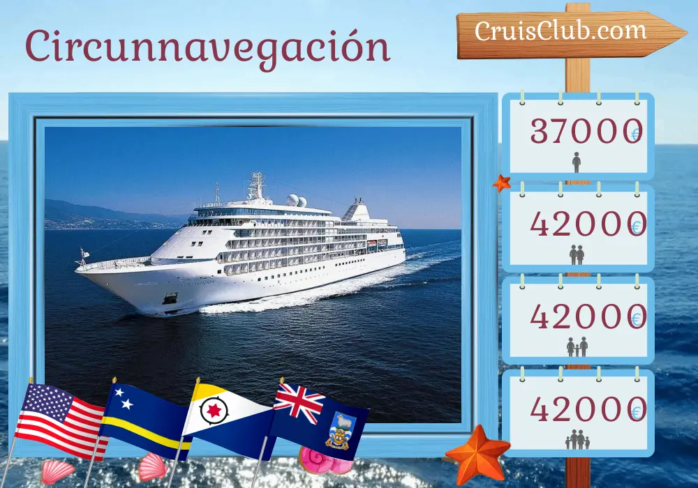 Crucero en el Mundo viaje de Miami a Buenos Aires a bordo del barco Silver Shadow con visitas a EE. UU., Islas Vírgenes Británicas, San Bartolomé, Curazao, Colombia, Panamá, Ecuador, Perú, Chile, Argentina, e Islas Malvinas por 42 días