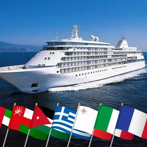 Cruise in the Suez Canal from Dubai to Nice aboard Silver Shadow ship with visits to United Arab Emirates, Oman, Jordan, Egypt, Greece, Malta, Italy, and France for 28 days