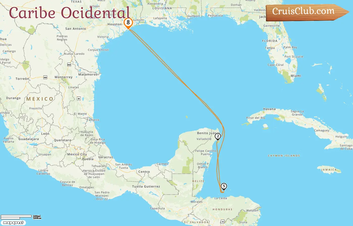 Cruzeiro no Caribe Ocidental saindo de Galveston a bordo do navio Regal Princess com visitas aos Estados Unidos, México e Honduras por 8 dias