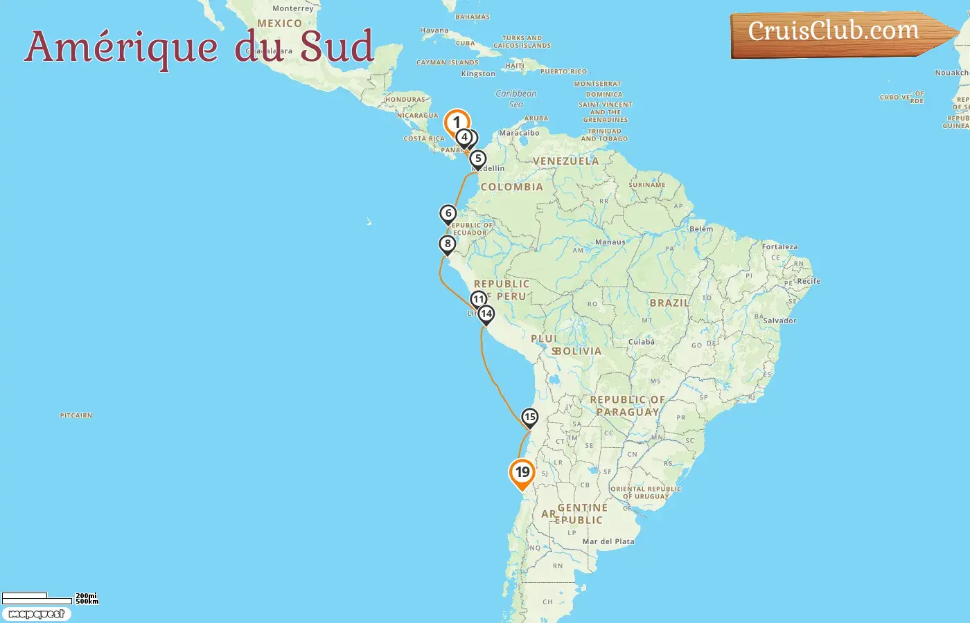 Croisière en Amérique du Sud de Cologne à Valparaíso à bord du navire d`HANSEATIC inspiration avec des visites au Panama, en Colombie, en Équateur, au Pérou et au Chili pendant 19 jours