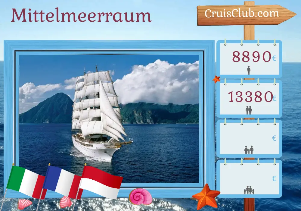 Kreuzfahrt im Mittelmeer von Livorno nach Nizza an Bord des Schiffes Sea Cloud II mit Besuchen in Italien, Frankreich und Monaco für 10 Tage