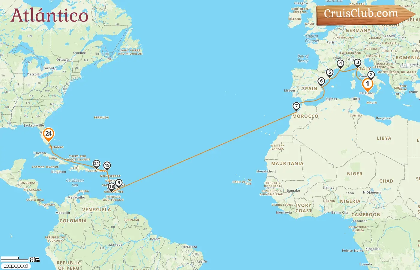 Crucero Transatlántico de Palermo a Miami a bordo del MSC Seaside con visitas a Italia, Francia, España, Marruecos, Barbados, Granada, Puerto Rico y EE.UU. por 24 días