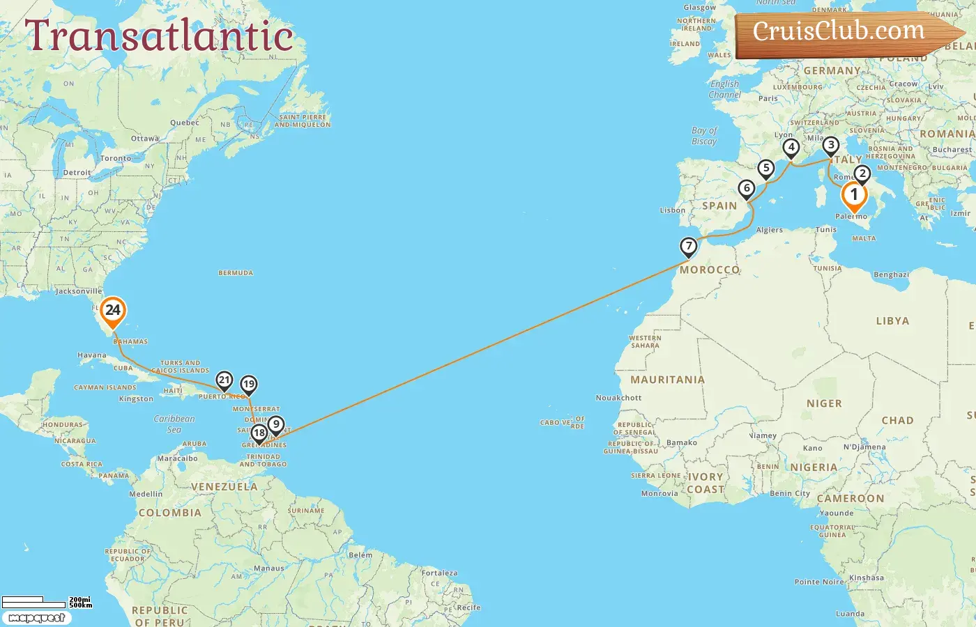 Cruise in the Transatlantic from Palermo to Miami aboard MSC Seaside ship with visits to Italy, France, Spain, Morocco, Barbados, Grenada, Puerto Rico, and USA for 24 days