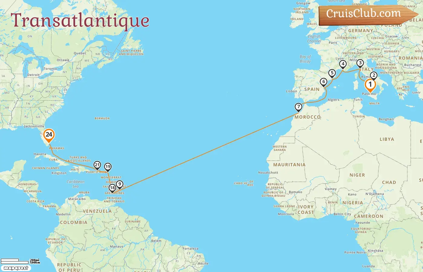 Croisière transatlantique de Palerme à Miami à bord du navire MSC Seaside avec des visites en Italie, en France, en Espagne, au Maroc, à la Barbade, à la Grenade, à Porto Rico et aux États-Unis pendant 24 jours