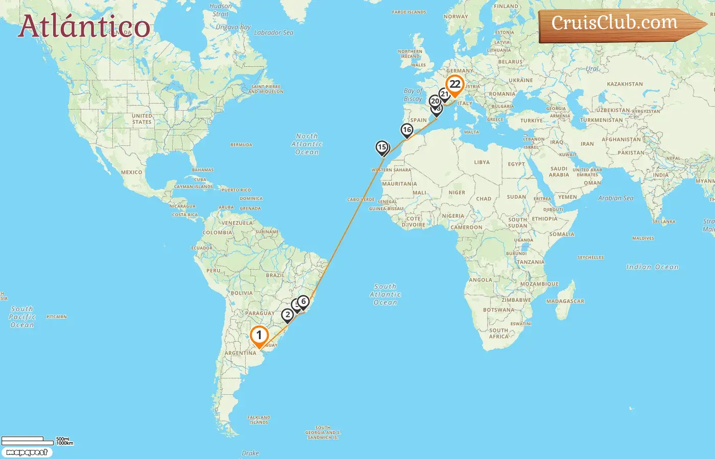 Crucero en el Transatlántico de Buenos Aires a Génova a bordo del barco MSC Fantasia con visitas a Argentina, Brasil, España, Marruecos, Francia e Italia durante 22 días