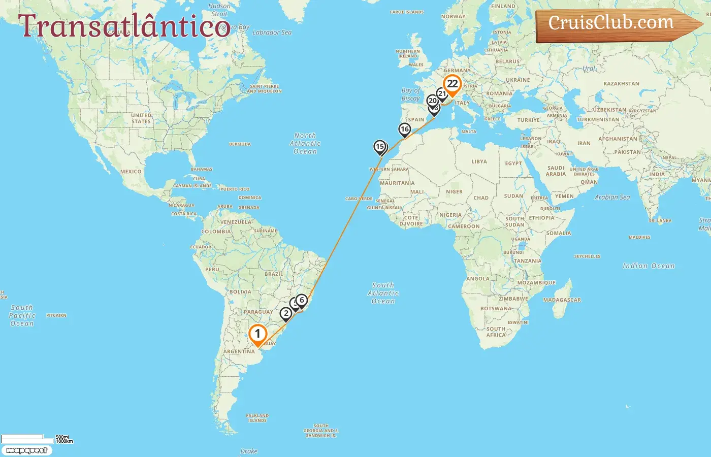 Cruzeiro no Transatlântico de Buenos Aires a Gênova a bordo do navio MSC Fantasia com visitas à Argentina, Brasil, Espanha, Marrocos, França e Itália por 22 dias