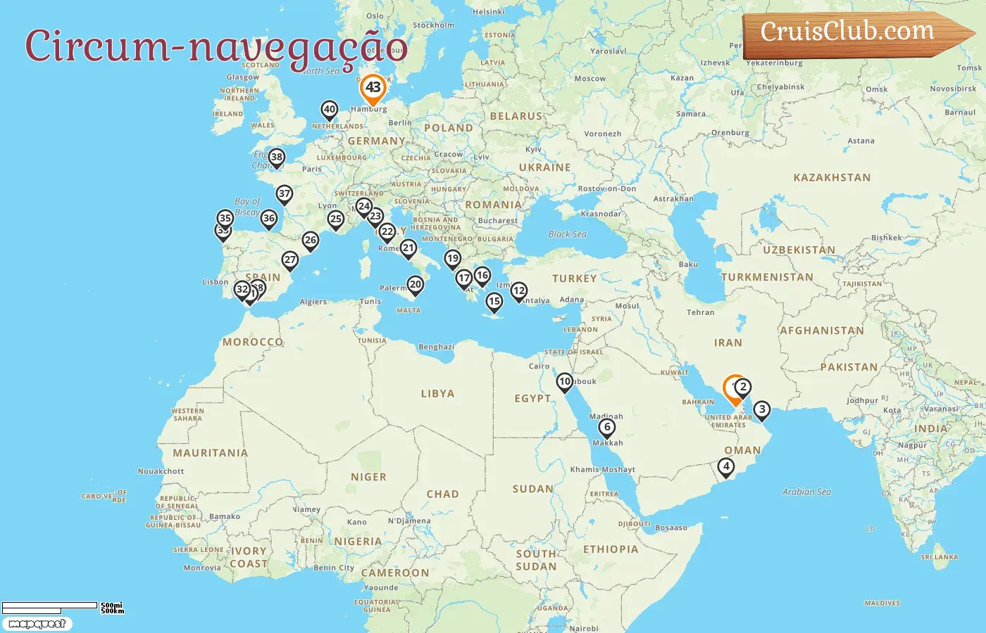 Cruzeiro na viagem mundial de Dubai a Hamburgo a bordo do navio Vasco da Gama com visitas aos Emirados Árabes Unidos, Omã, Arábia Saudita, Egito, Grécia, Itália, França, Espanha, Gibraltar, Holanda e Alemanha por 43 dias