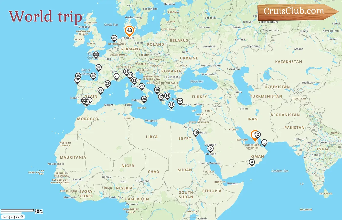 Cruise in the World trip from Dubai to Hamburg aboard Vasco da Gama ship with visits to United Arab Emirates, Oman, Saudi Arabia, Egypt, Greece, Italy, France, Spain, Gibraltar, Netherlands, and Germany for 43 days