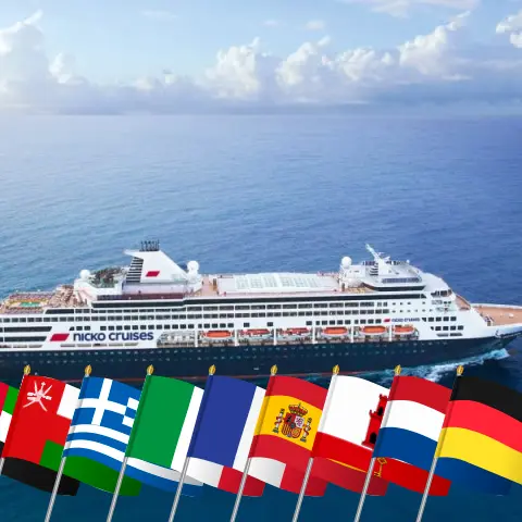 Cruise in the World trip from Dubai to Hamburg aboard Vasco da Gama ship with visits to United Arab Emirates, Oman, Saudi Arabia, Egypt, Greece, Italy, France, Spain, Gibraltar, Netherlands, and Germany for 43 days