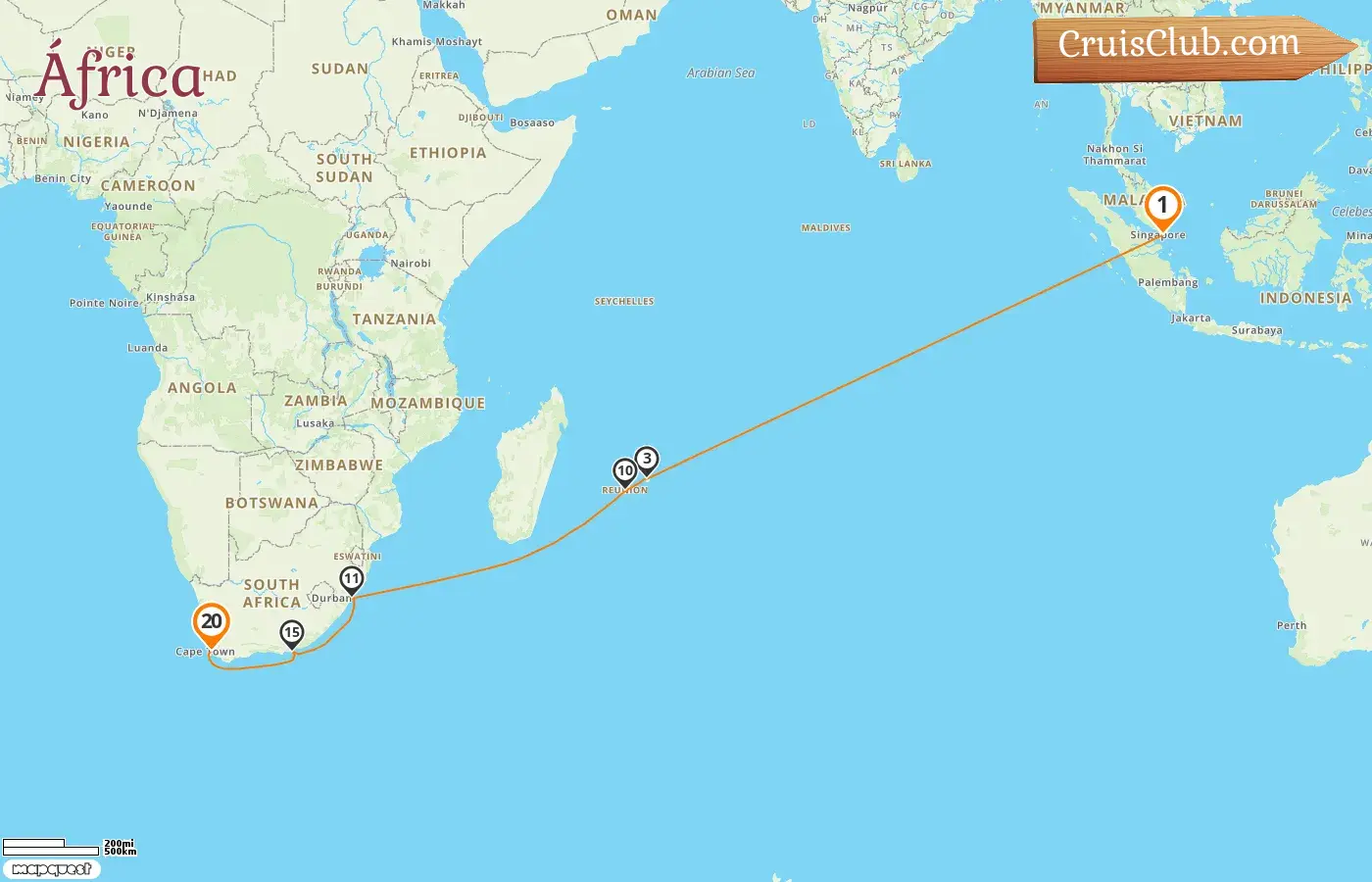 Cruzeiro na África de Singapura a Cidade do Cabo a bordo do navio Queen Victoria, com visitas a Singapura, Maurício, Reunião e África do Sul por 20 dias
