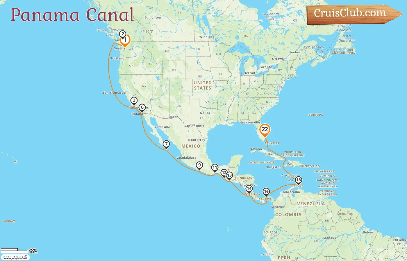 Cruise in the Panama Canal from Seattle to Fort Lauderdale aboard Eurodam ship with visits to USA, Canada, Mexico, Guatemala, Costa Rica, Panama, and Aruba for 22 days
