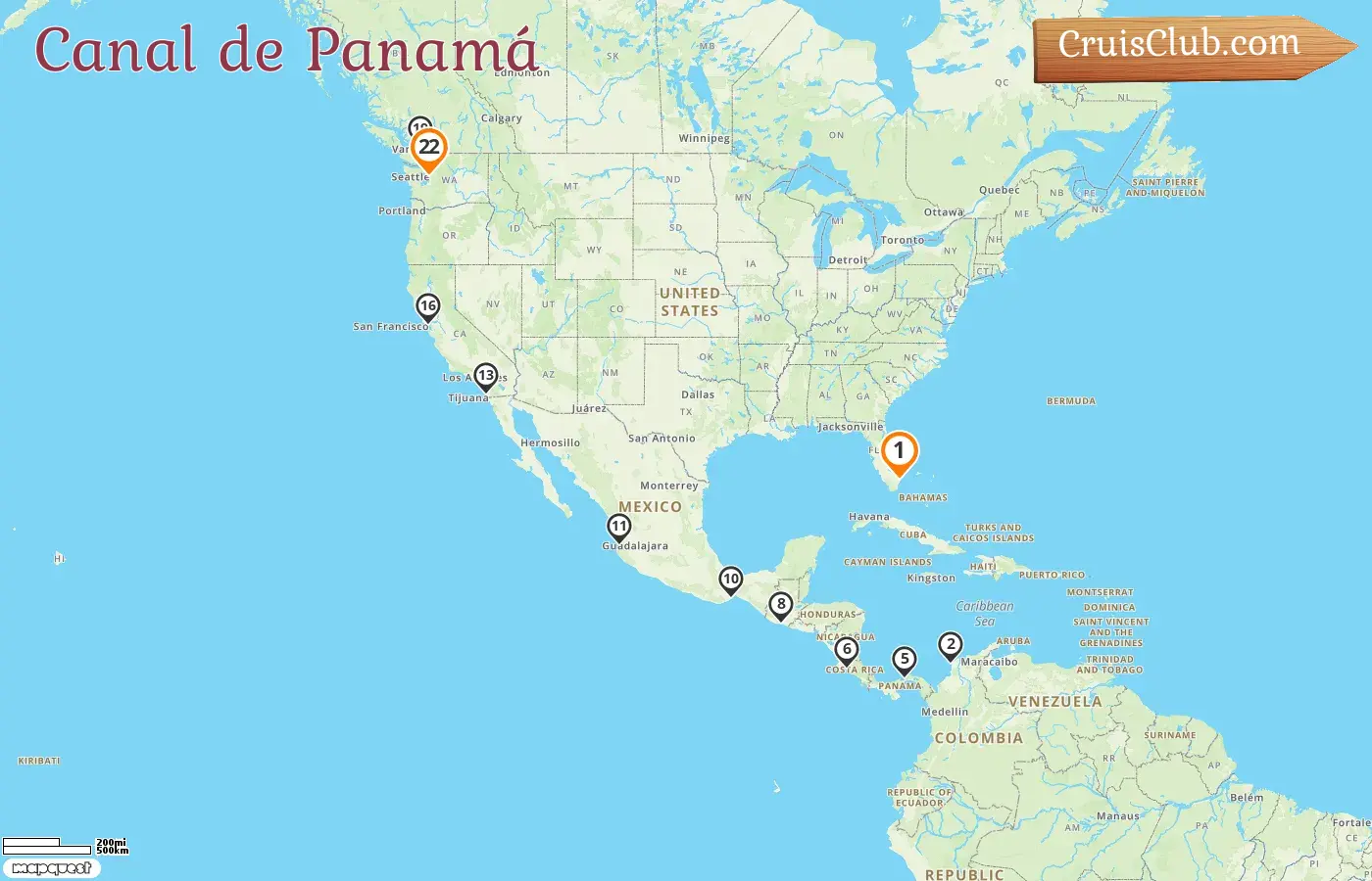 Crucero por el Canal de Panamá desde Fort Lauderdale hasta Seattle a bordo del barco Eurodam con visitas a EE.UU., Colombia, Panamá, Costa Rica, Guatemala, México y Canadá durante 22 días