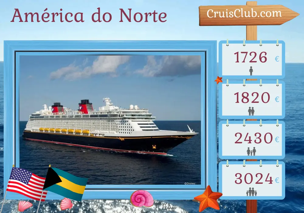 Cruzeiro na América do Norte de Port Canaveral / Orlando a bordo do navio Disney Fantasy com visitas aos EUA e Bahamas por 5 dias
