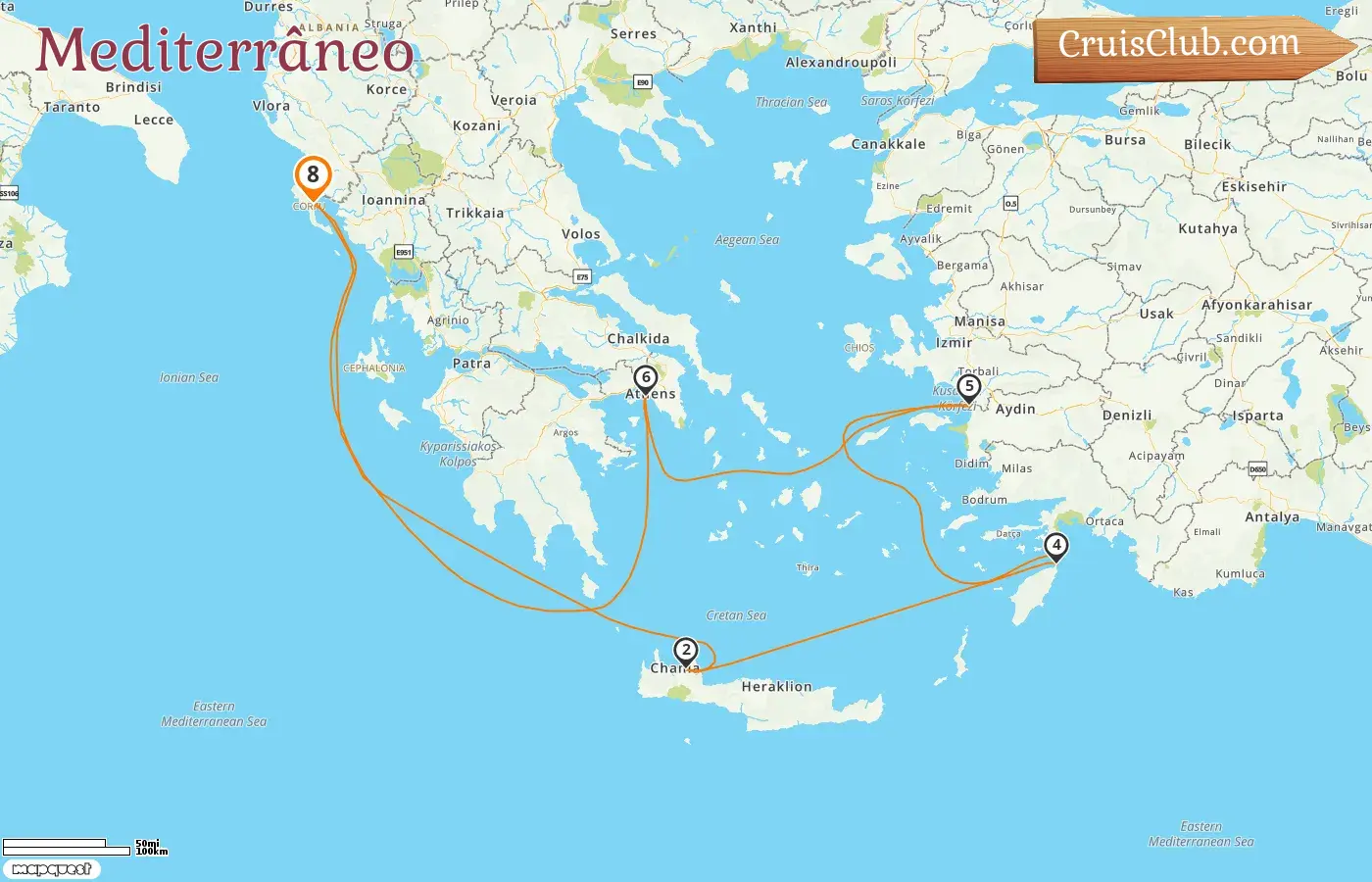 Cruzeiro no Mediterrâneo a partir de Corfu a bordo do navio AIDAblu com visitas à Grécia e à Turquia por 8 dias