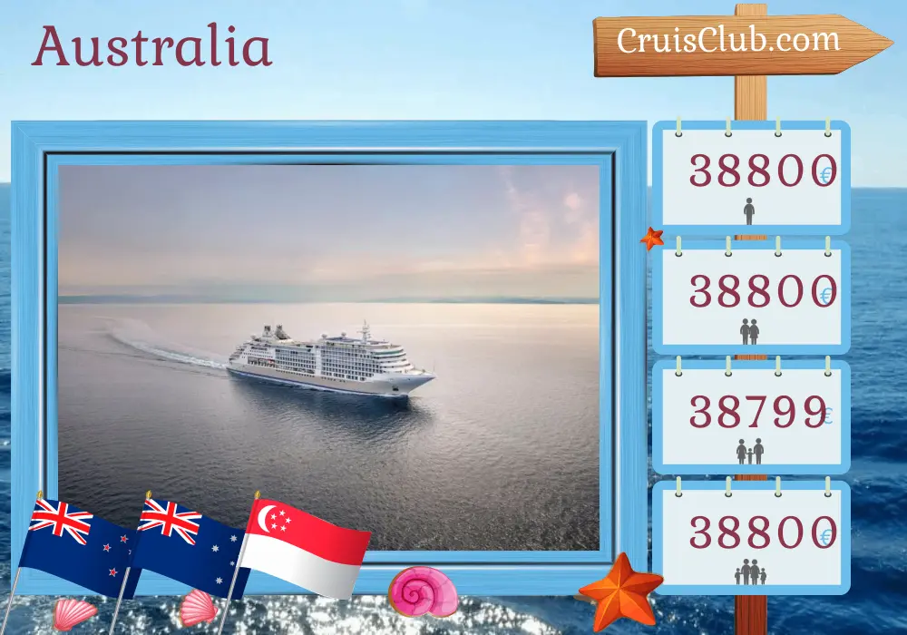 Cruise in the Australia from Auckland to Singapore aboard Silver Dawn ship with visits to New Zealand, Australia, Indonesia, and Singapore for 35 days