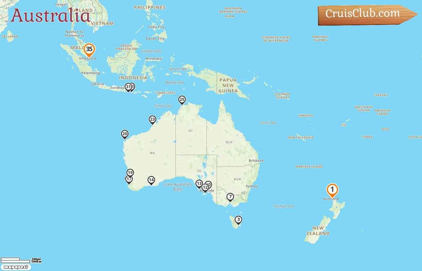 Cruise in the Australia from Auckland to Singapore aboard Silver Dawn ship with visits to New Zealand, Australia, Indonesia, and Singapore for 35 days