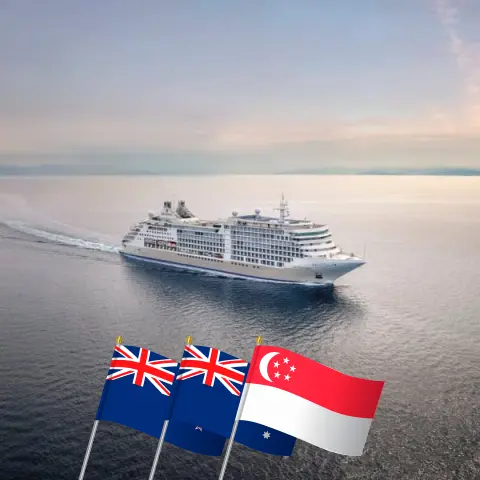 Cruise in the Australia from Auckland to Singapore aboard Silver Dawn ship with visits to New Zealand, Australia, Indonesia, and Singapore for 35 days