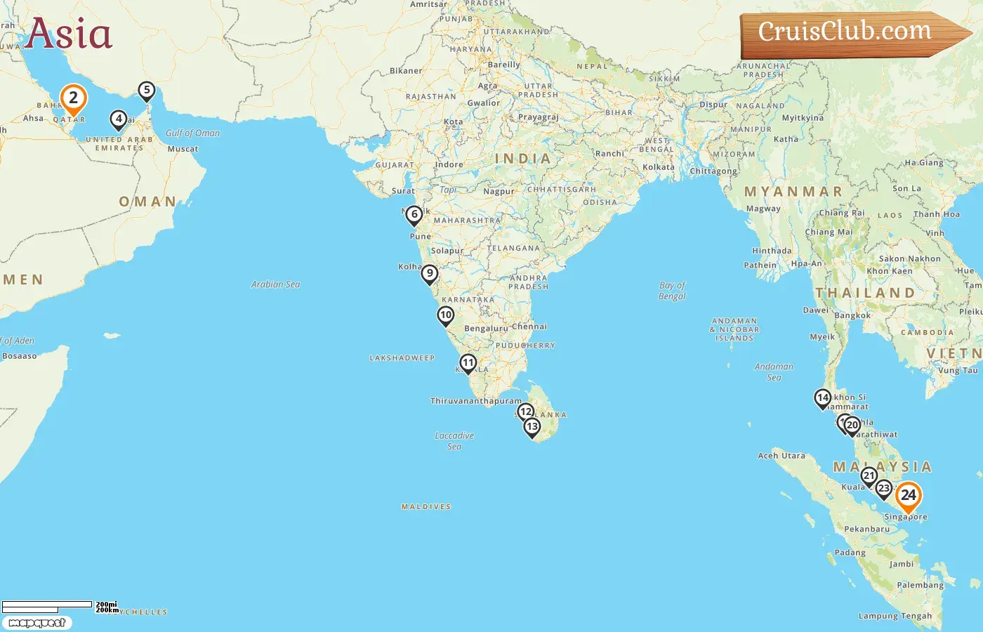 Crucero de Asia de Doha a Singapur a bordo del barco Seven Seas Navigator con visitas a Qatar, Emiratos Árabes Unidos, Omán, India, Sri Lanka, Tailandia, Malasia y Singapur por 25 días