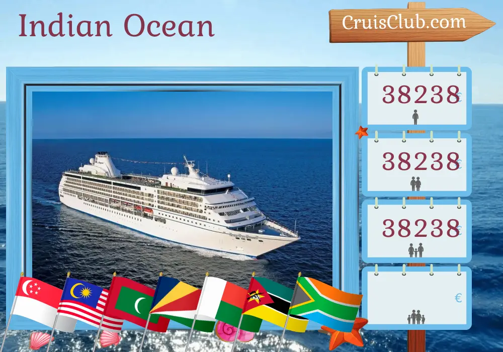 Cruise in the Indian Ocean from Singapore to Cape Town aboard Seven Seas Mariner ship with visits to Singapore, Malaysia, Thailand, Sri Lanka, India, Maldives, Seychelles, Madagascar, Mayotte, Mozambique, and South Africa for 31 days