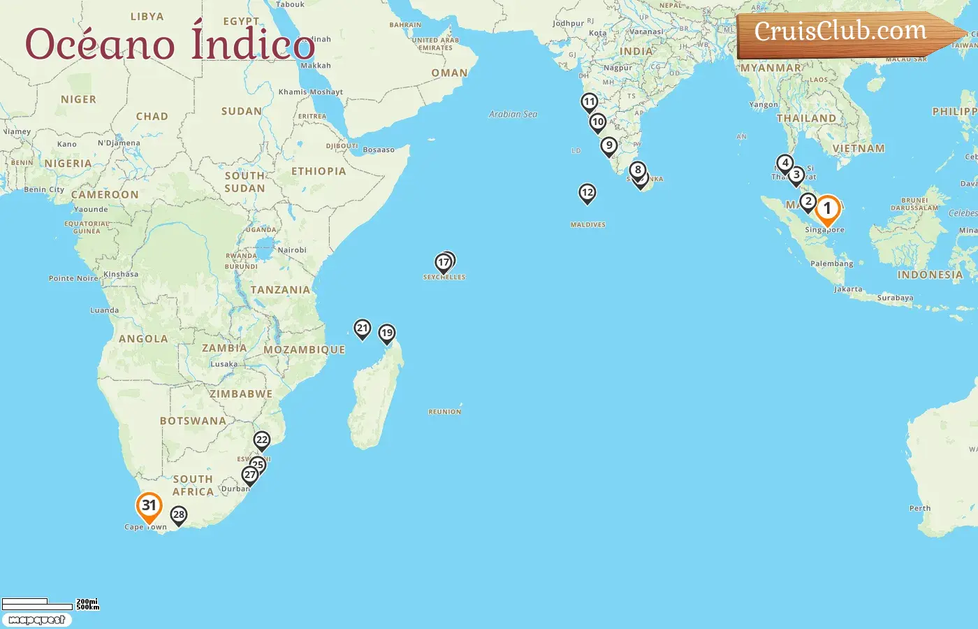 Crucero en el Océano Índico desde Singapur a Ciudad del Cabo a bordo del barco Seven Seas Mariner con visitas a Singapur, Malasia, Tailandia, Sri Lanka, India, Maldivas, Seychelles, Madagascar, Mayotte, Mozambique y Sudáfrica durante 31 días