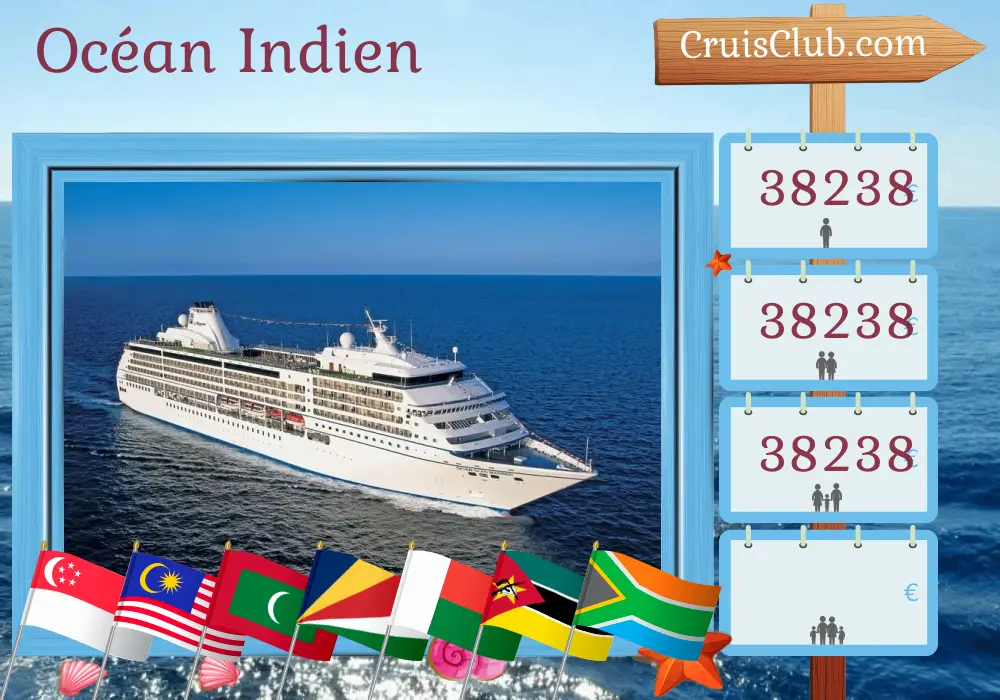 Croisière dans l`océan Indien de Singapour au Cap à bord du navire Seven Seas Mariner avec des arrêts à Singapour, en Malaisie, en Thaïlande, au Sri Lanka, en Inde, aux Maldives, aux Seychelles, à Madagascar, à Mayotte, au Mozambique et en Afrique du Sud pendant 31 jours