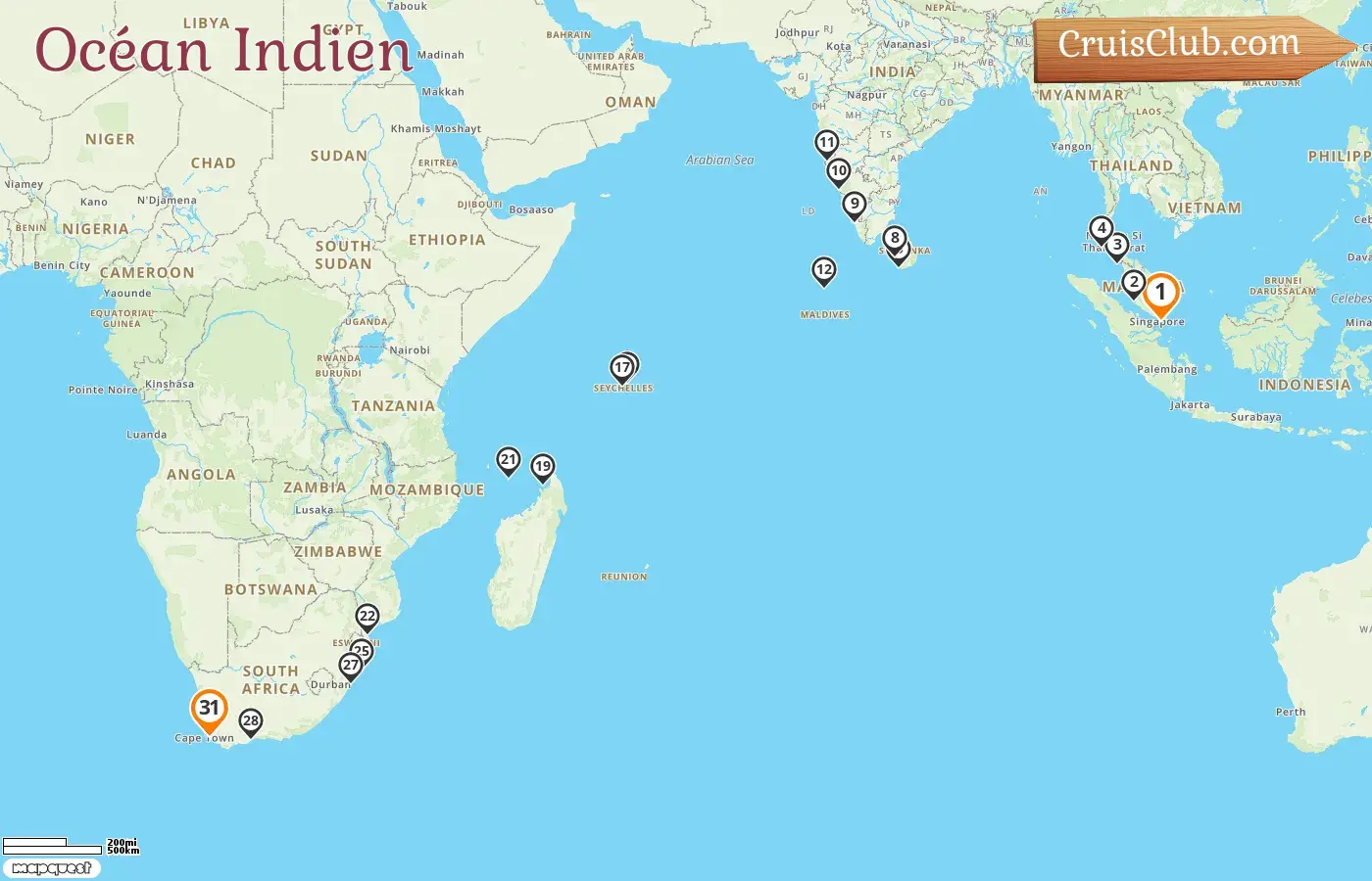 Croisière dans l`océan Indien de Singapour au Cap à bord du navire Seven Seas Mariner avec des arrêts à Singapour, en Malaisie, en Thaïlande, au Sri Lanka, en Inde, aux Maldives, aux Seychelles, à Madagascar, à Mayotte, au Mozambique et en Afrique du Sud pendant 31 jours
