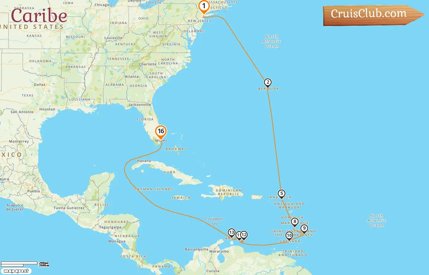 Cruzeiro no Caribe de Nova Iorque a Miami a bordo do navio Seven Seas Splendor com visitas aos Estados Unidos, Bermudas, São Bartolomeu, Barbados, Granada, Curaçao e Aruba por 16 dias