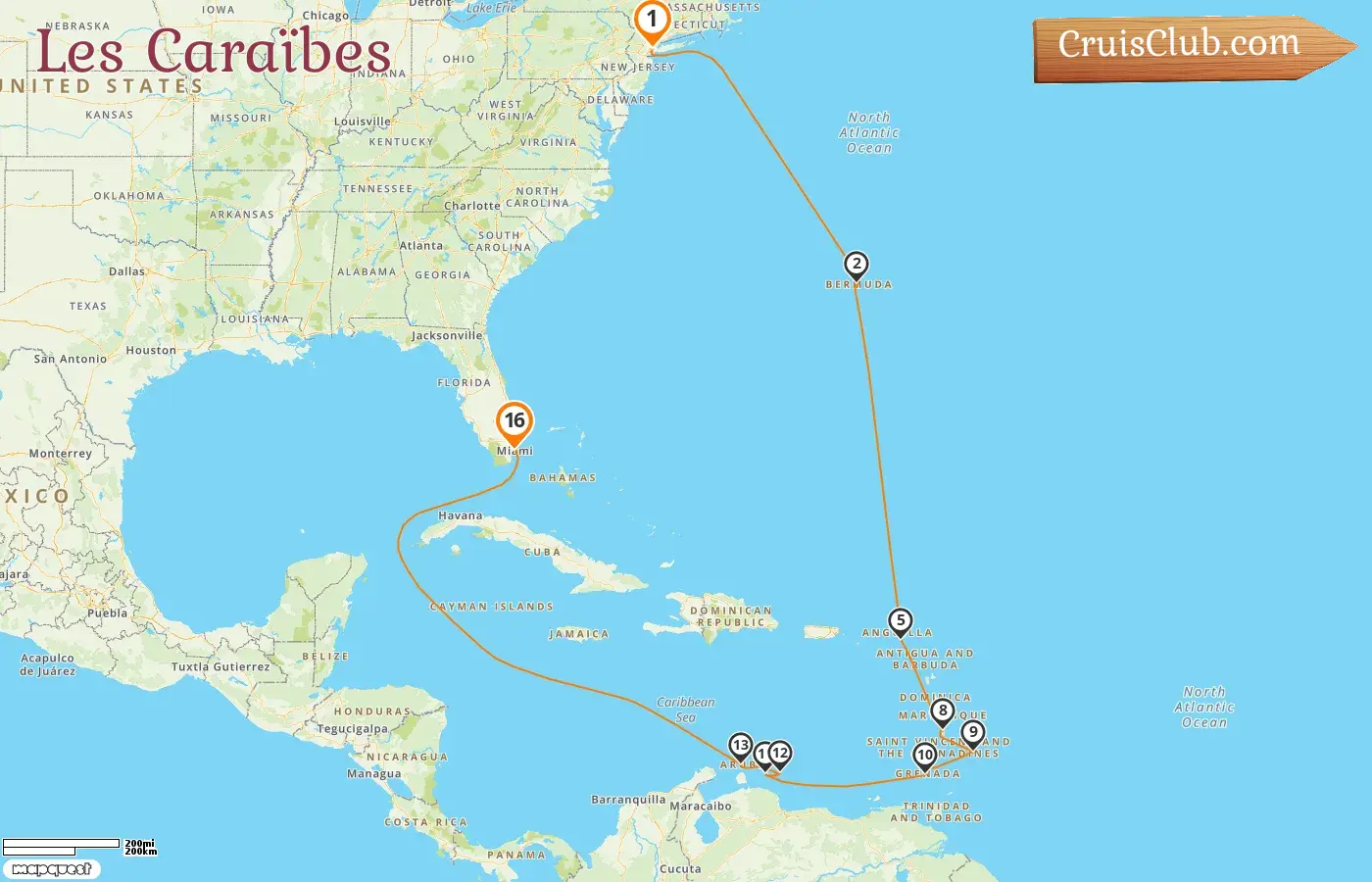 Croisière dans les Caraïbes de New York à Miami à bord du navire Seven Seas Splendor avec des escales aux États-Unis, aux Bermudes, à Saint-Barthélemy, à la Barbade, à la Grenade, à Curaçao et à Aruba pendant 16 jours