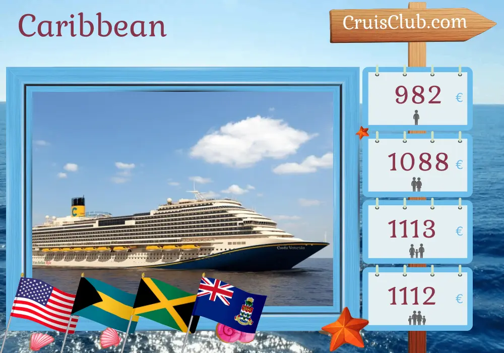Cruise in the Caribbean from Port Canaveral / Orlando aboard Carnival Venezia ship with visits to USA, Bahamas, Jamaica, and Cayman Islands for 8 days
