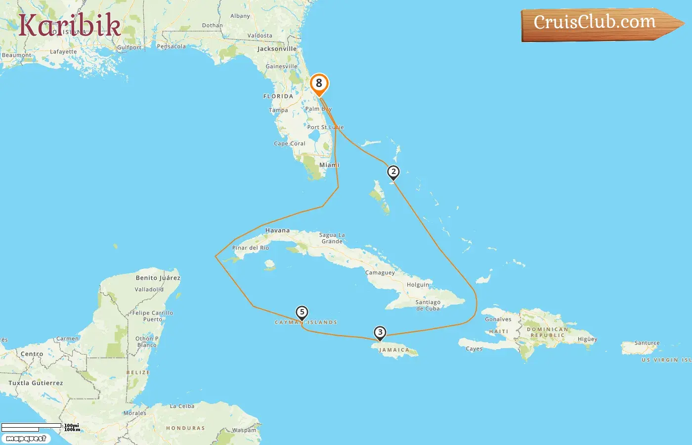 Kreuzfahrt in der Karibik ab Port Canaveral / Orlando an Bord des Kreuzfahrtschiffs Carnival Venezia mit Stopps in den USA, den Bahamas, Jamaika und den Cayman Islands für 8 Tage