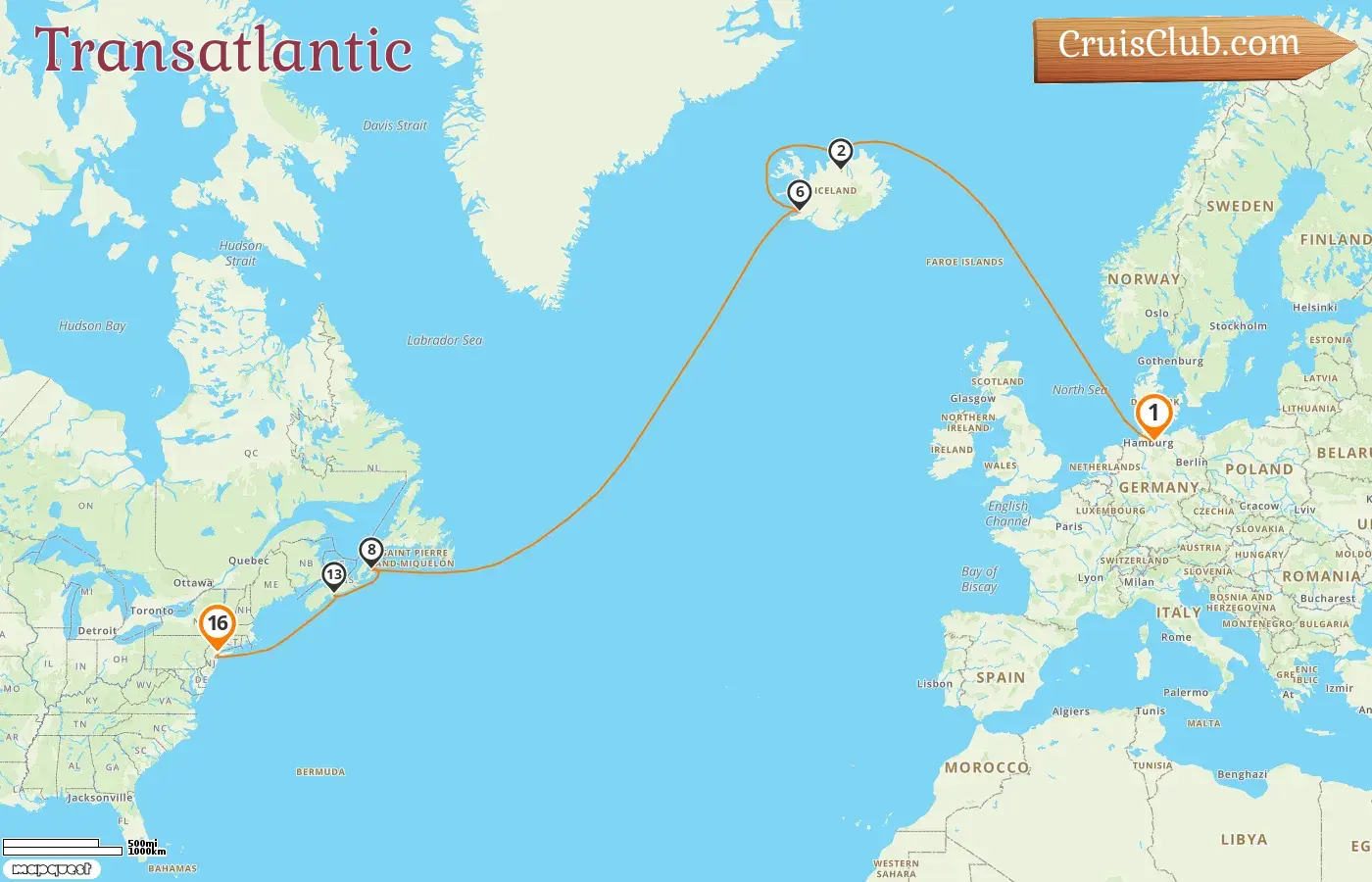 Cruise in the Transatlantic from Hamburg to New York aboard Mein Schiff 1 ship with visits to Germany, Canada, and USA for 16 days