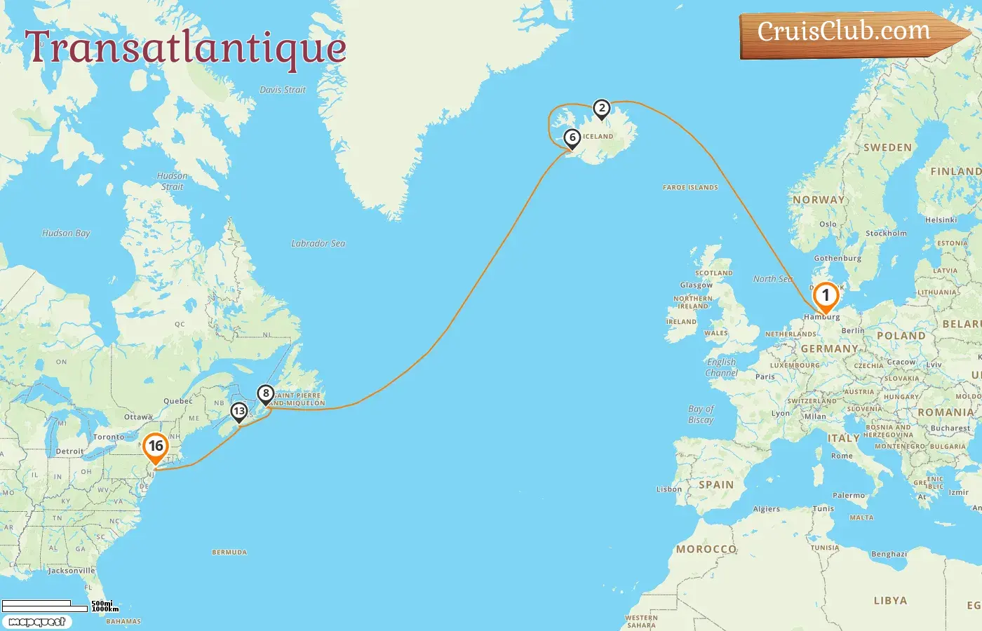 Croisière en transatlantique de Hambourg à New York à bord du navire Mein Schiff 1 avec des visites en Allemagne, au Canada et aux États-Unis pendant 16 jours