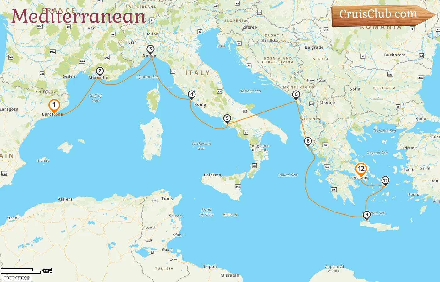 Cruise in the Mediterranean from Barcelona to Piraeus aboard Sun Princess ship with visits to Spain, France, Italy, Montenegro, and Greece for 12 days