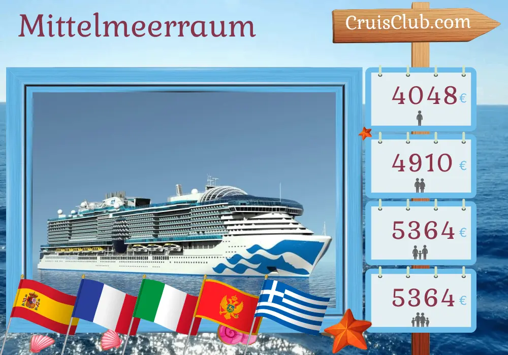 Kreuzfahrt im Mittelmeer von Barcelona nach Piräus an Bord des Sun Princess-Schiffs mit Besuchen in Spanien, Frankreich, Italien, Montenegro und Griechenland für 12 Tage