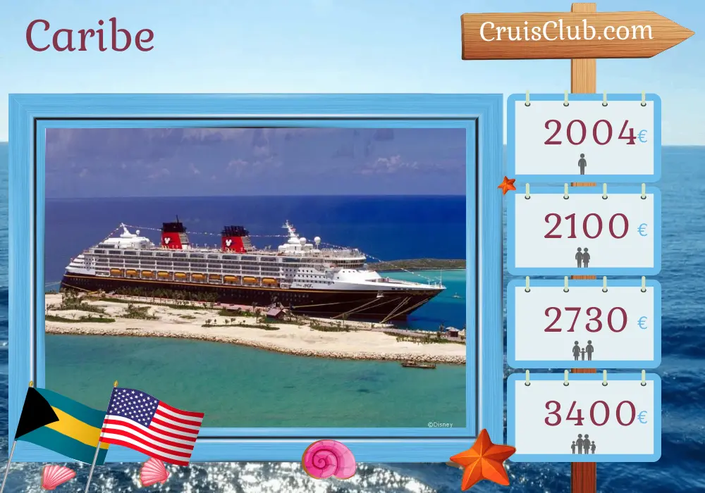 Cruzeiro no Caribe de Saint John para Galveston a bordo do navio Disney Magic com visitas a Porto Rico, Bahamas e EUA por 7 dias